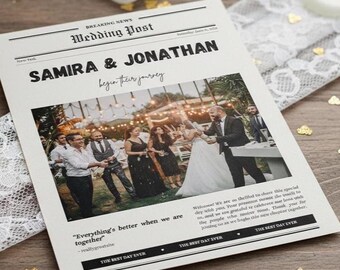 May include: A wedding announcement designed to look like a newspaper front page. The headline reads "SAMIRA & JONATHAN" with the words "begin their journey" below. The image shows a wedding ceremony with guests.