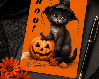 May include: A rectangular greeting card with an orange background featuring a black kitten wearing a witch hat, sitting next to a carved jack-o'-lantern. The card displays the text BOO! vertically and Let's Celebrate in cursive script.