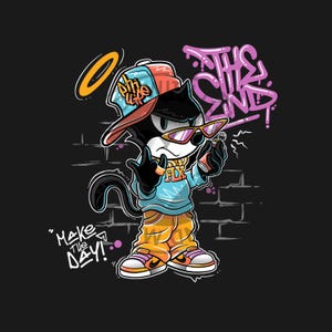 May include: Cartoon illustration of a black cat wearing a backwards baseball cap, sunglasses, and orange pants. The cat is holding a lighter and giving a hand gesture. Graffiti art includes the words "This End" and "Make the Day!"