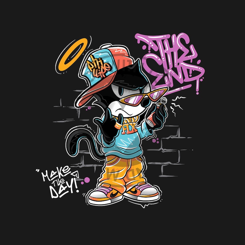 May include: Cartoon illustration of a black cat wearing a backwards baseball cap, sunglasses, and orange pants. The cat is holding a lighter and giving a hand gesture. Graffiti art includes the words "This End" and "Make the Day!"