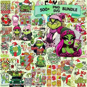 May include: A digital art bundle featuring various Grinch-themed designs. The collection includes images of the Grinch in different styles, along with text like "500+ PNG SVG BUNDLE", "Grinch Era", and "All your sweaters are ugly". The color palette is dominated by green, red, and pink.