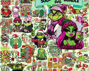 May include: A digital art bundle featuring various Grinch-themed designs. The collection includes images of the Grinch in different styles, along with text like "500+ PNG SVG BUNDLE", "Grinch Era", and "All your sweaters are ugly". The color palette is dominated by green, red, and pink.