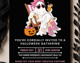 May include: A black Halloween invitation card featuring a ghost wearing a pink bow and heart-shaped sunglasses, sitting in a beach chair with a drink and a jack-o'-lantern. The text reads HAUNT THE NIGHT, YOU'RE CORDIALLY INVITED TO A HALLOWEEN GATHERING.