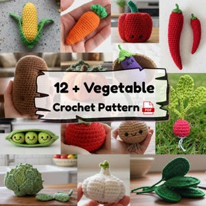 Op de afbeelding: Een verzameling kleurrijke gehaakte groenten, waaronder een maïskolf, wortel, paprika en radijs. De afbeelding toont ook een gehaakte aardappel, aubergine, tomaat, ui en erwten. De tekst in het midden luidt "12 + Vegetable Crochet Pattern".