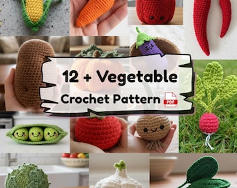 May include: A collection of colorful, crocheted vegetables, including a corn cob, carrot, pepper, and radish. The image also features a crocheted potato, eggplant, tomato, onion, and peas. Text in the center reads "12 + Vegetable Crochet Pattern".