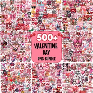 May include: A collection of pink and red Valentine's Day themed PNG graphics. The image features various illustrations of hearts, animals, desserts, and text, including "500+ Valentine Day PNG Bundle". The overall design is a collage of romantic elements.