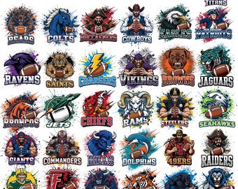 May include: Collection of colorful American football team logos, each featuring a team mascot holding a football. Logos include Bears, Colts, Buccaneers, Cowboys, Eagles, Patriots, Ravens, Saints, Chargers, Vikings, Browns, and Jaguars.