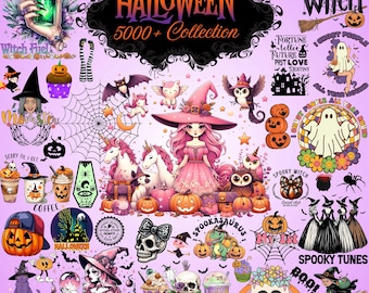 May include: A digital illustration featuring a collection of Halloween-themed graphics. The image includes a witch, pumpkins, ghosts, unicorns, and the text "Halloween 5000+ Collection". The color palette is predominantly pink, purple, and orange.