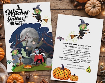 Scary Halloween Invitation Set | Witches Gather Here Invite | Frights and Delights Party Invitation | Editable Halloween Party Invite 5x7