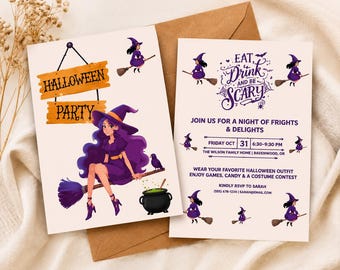 May include: Two rectangular Halloween party invitations on cream paper. One features a witch on a broomstick, a black cauldron, and a wooden sign reading HALLOWEEN PARTY. The other displays the text EAT, DRINK AND BE SCARY with event details.