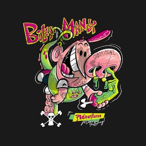 May include: A cartoon illustration of a pink, green, and white character with the words "Billy & Mandy" in yellow and pink. The character has a large nose with the word "CRIMINAL" on it. The phrase "Adventures of the Day!" is also present.