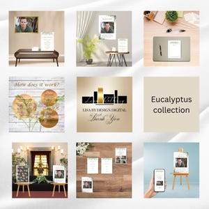 Könnte beinhalten: Sammlung digitaler Drucke und Schilder mit einem Porträt, Eukalyptusblatt-Akzenten und dem Text "Willkommen". Die Bilder werden auf Staffeleien, Tischen und einem Smartphone präsentiert und zeigen ein zusammenhängendes Designthema.