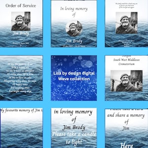 May include: A collection of memorial cards with a blue wave background. Each card features a portrait of Jim Brody, with text including dates, service details, and memorial messages. The cards are from Lisa by design digital.