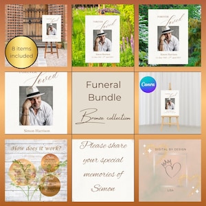 Peut inclure: Un ensemble funéraire avec le texte "Funeral Bundle Bronze collection". L'image comprend une photo d'une personne avec le texte "Forever Loved" et "Simon Harrison". Sont également inclus des panneaux avec du texte tel que "How does it work ?" et "Please share your special memories of Simon."