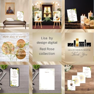 May include: A collection of memorial and sympathy stationery items. The image includes framed photos, easel-mounted signs, candles, and printed cards. The text includes "Lisa by design digital" and "Red Rose collection".