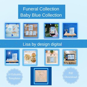 Peut inclure: Publicité pour un produit numérique avec les mentions "Funeral Collection Baby Blue Collection" et "Lisa by design digital." L'image présente des modèles et une option "Pdf Download", le tout dans un thème bleu bébé.