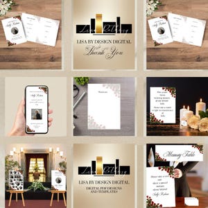 May include: A collection of memorial stationery and digital designs. The image includes a variety of items, such as memorial cards, a smartphone displaying a memorial, and signs. The designs feature floral accents and the text "Sally Robson" and "Thank You".