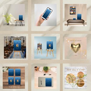 May include: A collection of wedding stationery and decor items, including a welcome sign, order of service booklets, and thank you cards. The designs feature a navy blue background with gold accents and floral elements. A smartphone displays a digital version.