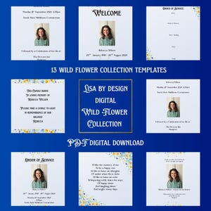 May include: A collection of 13 digital wildflower templates, including welcome cards, order of service, and memorial cards. Each template features a photo of a woman and floral accents on a blue background. The text includes the name Rebecca Wilson.