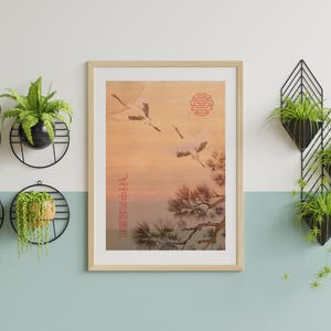 Cranes in flight, Cranes at sunset print, Japanese art, flying birds, bird print, vintage art print, modern art. bird poster.