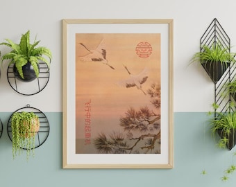 Cranes in flight, Cranes at sunset print, Japanese art, flying birds, bird print, vintage art print, modern art. bird poster.