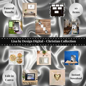 Peut inclure: Collection numérique chrétienne avec un ensemble funéraire, des cartes de service et une carte de remerciement. L'image présente un ordinateur portable, une photo encadrée et un symbole de croix. Texte : "Lisa by Design Digital - Christian Collection" et "Téléchargement instantané."