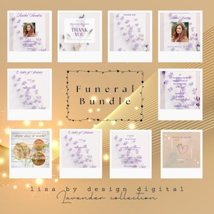 Può includere: Un pacchetto funebre digitale con disegni di lavanda e floreali. Il pacchetto include modelli per biglietti di ringraziamento, ordini di servizio e biglietti commemorativi. Il testo "Funeral Bundle" è al centro.