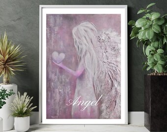 Angel painting. Religious wall art. Guardian angel watercolour art print. Neutral wall art
