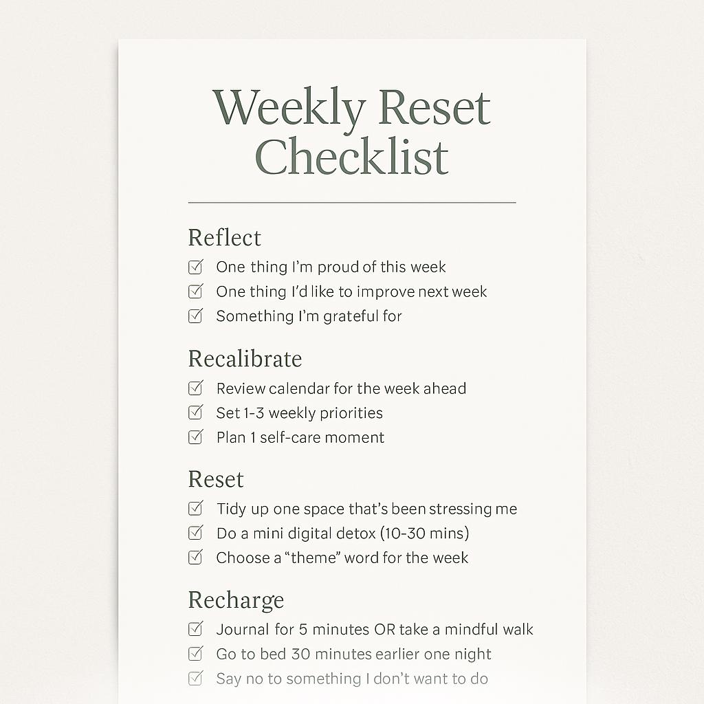 Weekly Reset Checklist | Printable PDF for Self-care, Reflection ...