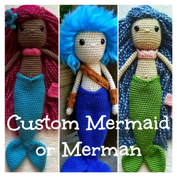 Custom Crochet Mermaid with legs - Doll - Amigurumi - 17 inches - Toy - Mermaid - Merman - Merboy - removable tail - mermaid doll
