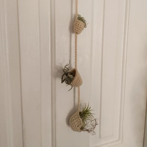 May include: A white crocheted macrame plant hanger with four beige crocheted pots holding air plants.