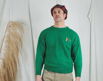 Sweter vintage z haftem irlandzkim z lat 90. – Kelly Green, akrylowy, okrągły dekolt (mały)