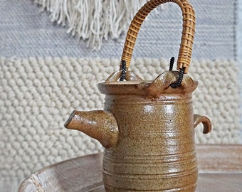 Vintage 70's Stoneware Vessel Signed Art Handmade Mid Century Decor Ceramic Bamboo Handle Handcrafted Brown Earthy Teapot