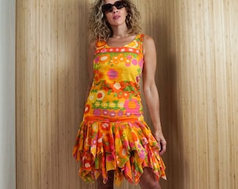 Vintage 60's Day Glo Floral Flirty Uneven Hem Bright Vibrant Cotton Sleeveless Layered Hem Tank Dress