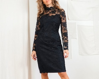 Vintage 80's Ink Black Scalloped Floral Lace Long Sleeve High Neck Sheath Cocktail Mockneck Party Dress