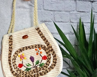 Vintage 70's Woven Mixed Media Embroidered Floral Tote Handmade Raffia Braided Market Bag