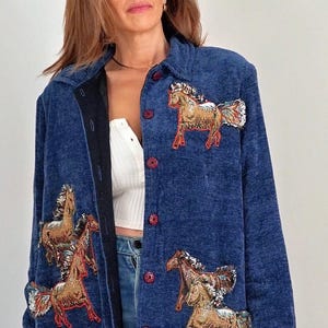 Vintage 90's Tapestry Wild Horses Motif Fringe Western Embroidered Horseshoe Button Front Blue Soft Chenille Horseback Lover Jacket