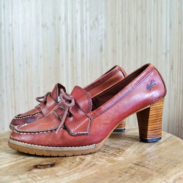 Vintage 70's Old Maine Trotters Whiskey Brown Leather Lace-Up Loafers Preppy Heels Classic Shoes | 9.5