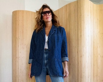 Vintage 80's Denim Pinstripe Boyfriend Blazer Blue Stripe Slouchy Cotton Jacket