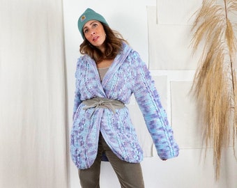 Vintage 80's Handknit Purple Pastel Crochet Textured Popcorn Stitch Cozy Cardigan Blue Sweater Coat