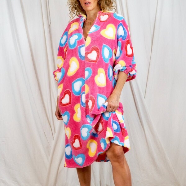 Vintage 80's Pastel Heart Cozy Fleece Half Zip Rainbow Hearts Loungewear Handmade House Dress