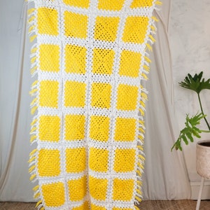 Vintage 70&#39;s Fringe Golden Hour Yellow Handknit Throw White Crochet Handmade Cozy Square Pattern Afghan Blanket