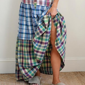 Vintage 1970s Madras Plaid Patchwork India Imports Cotton Peasant Skirt Strapless Dress