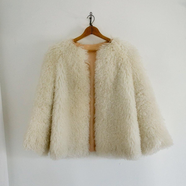 Vintage 70's Creamy Vanilla Bohemian Carpet Shag Rug Fluffy Cozy Boho Shaggy Coat Handmade Yarn Jacket