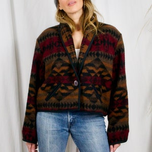 Vintage 80's Southwestern Muted Desert Palette Crop Wool Blazer Shawl Collar Cropped Boxy Fit Western Blanket Jacket