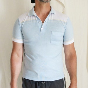 Vintage 70&#39;s Sky Blue Towncraft Men&#39;s Polo Short Sleeve Pullover Button Neck Summer Shirt