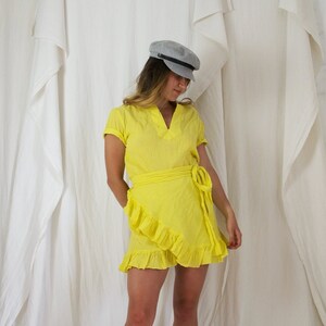 Vintage 70's Canary Yellow Flirty Wrap Ruffle Cotton Gauze Mini Tie Waist Bow Detail Dress image 1