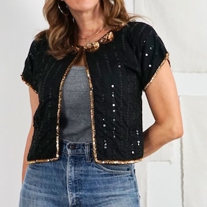 Vintage 80&#39;s Ink Black Scalloped Golden Sequin Beaded Silk Crop Bolero Boho Sparkling India Top