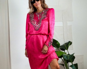 Vintage 80's Hot Pink Silk Intricate Silver Beaded Leaf Pattern Kaftan Drape Francesca of Damon for Starington Dress