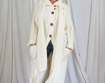 Vintage 70's Creamy Vanilla Long Bohemian Cozy Cable Knit Scarf Wood Button Boho Sweater Coat